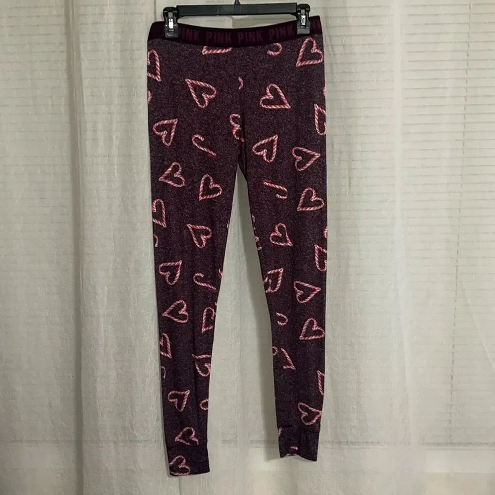 PINK S Burgundy White Red Candy Cane Hearts Print Fine Knit Jogger PJ Bottom